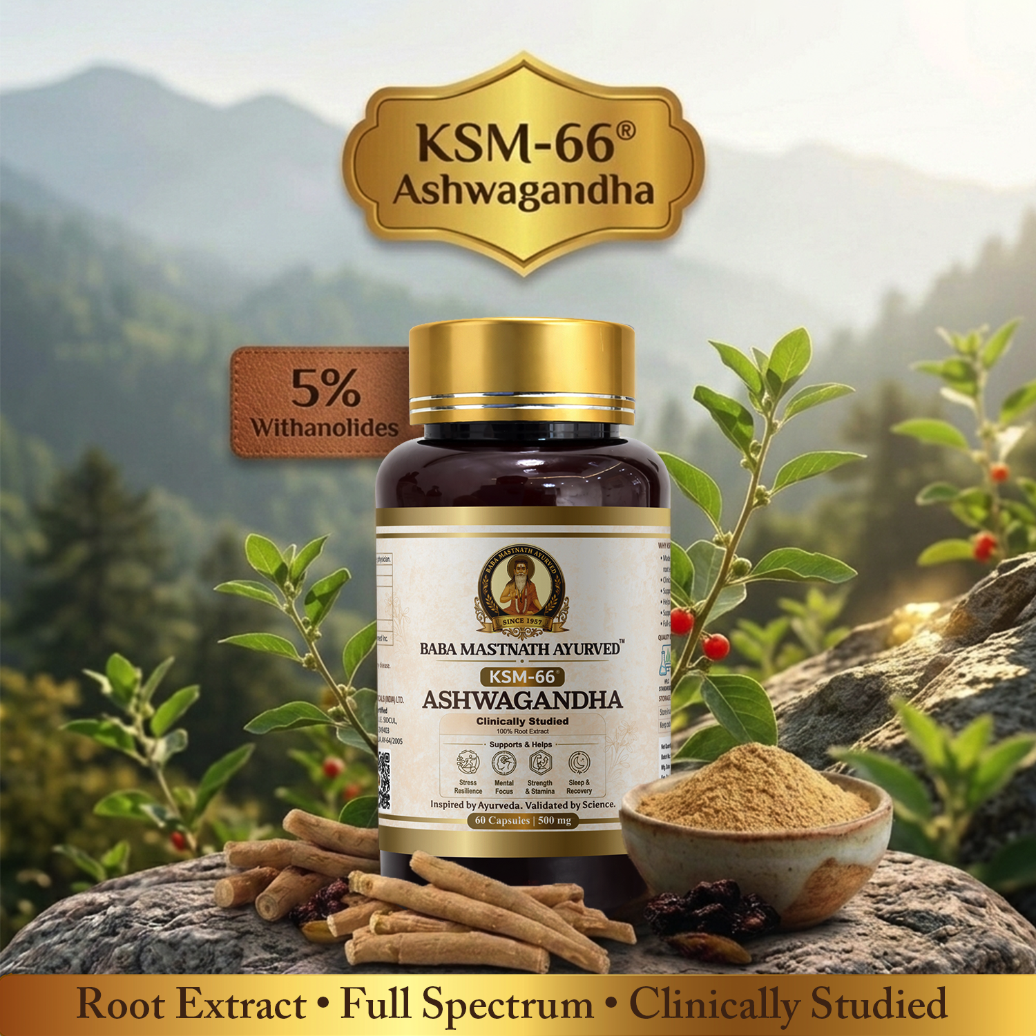 KSM-66® Ashwagandha – 500 mg Capsules | 60 Capsules | Clinically Studied Root-Only Extract | Supports Stress Relief, Energy, Focus & Cortisol Balance | Vegan | Classical Ayurvedic Medicine