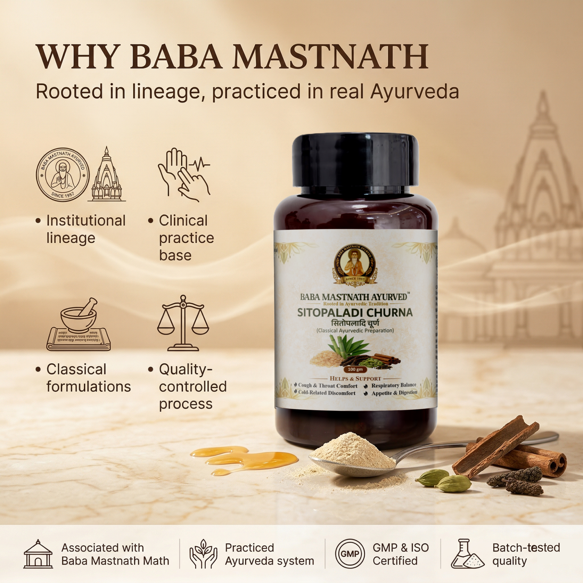 Sitopaladi Churna – 100 g | Classical Ayurvedic Medicine | Cough & Throat Comfort Support | Respiratory Balance for Cold-Related Discomfort | Supports Appetite & Digestion | Herbal Powder with Pippali, Ela & Tvak