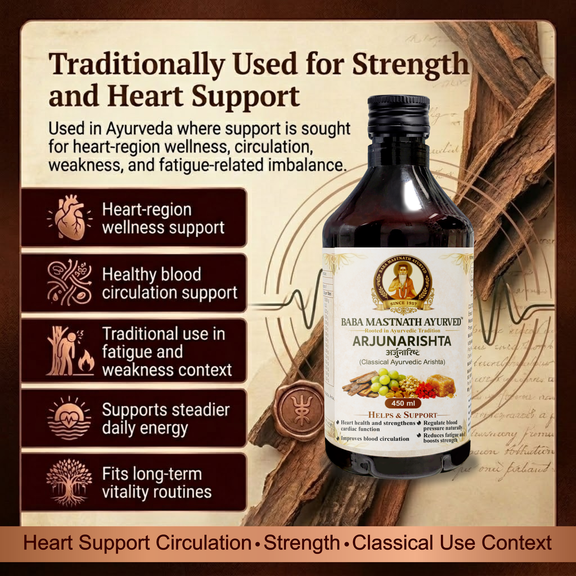 Arjunarishta – 450 ml | Classical Ayurvedic Arishta | Arjuna Bark Based Fermented Tonic | Supports Heart Health, Blood Circulation, Strength & Fatigue Support | Blood Pressure Support | Ayurvedic Medicine