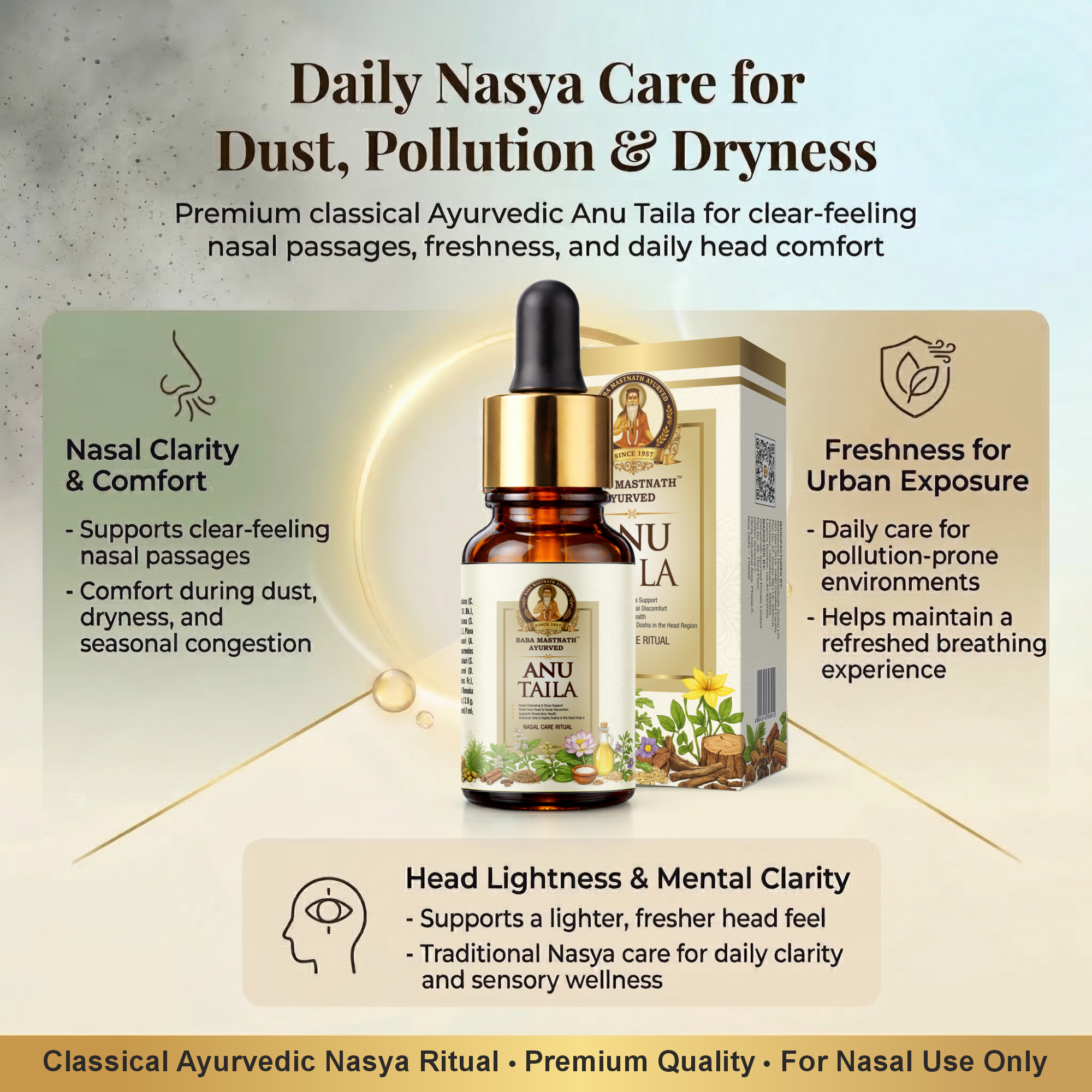 Anu Taila – 10 ml | Classical Ayurvedic Nasya Oil | Supports Nasal Congestion Relief, Sinus & Allergy Comfort, Headache Relief | Mental Clarity & Sense-Organ Wellness | For Nasal Use Only