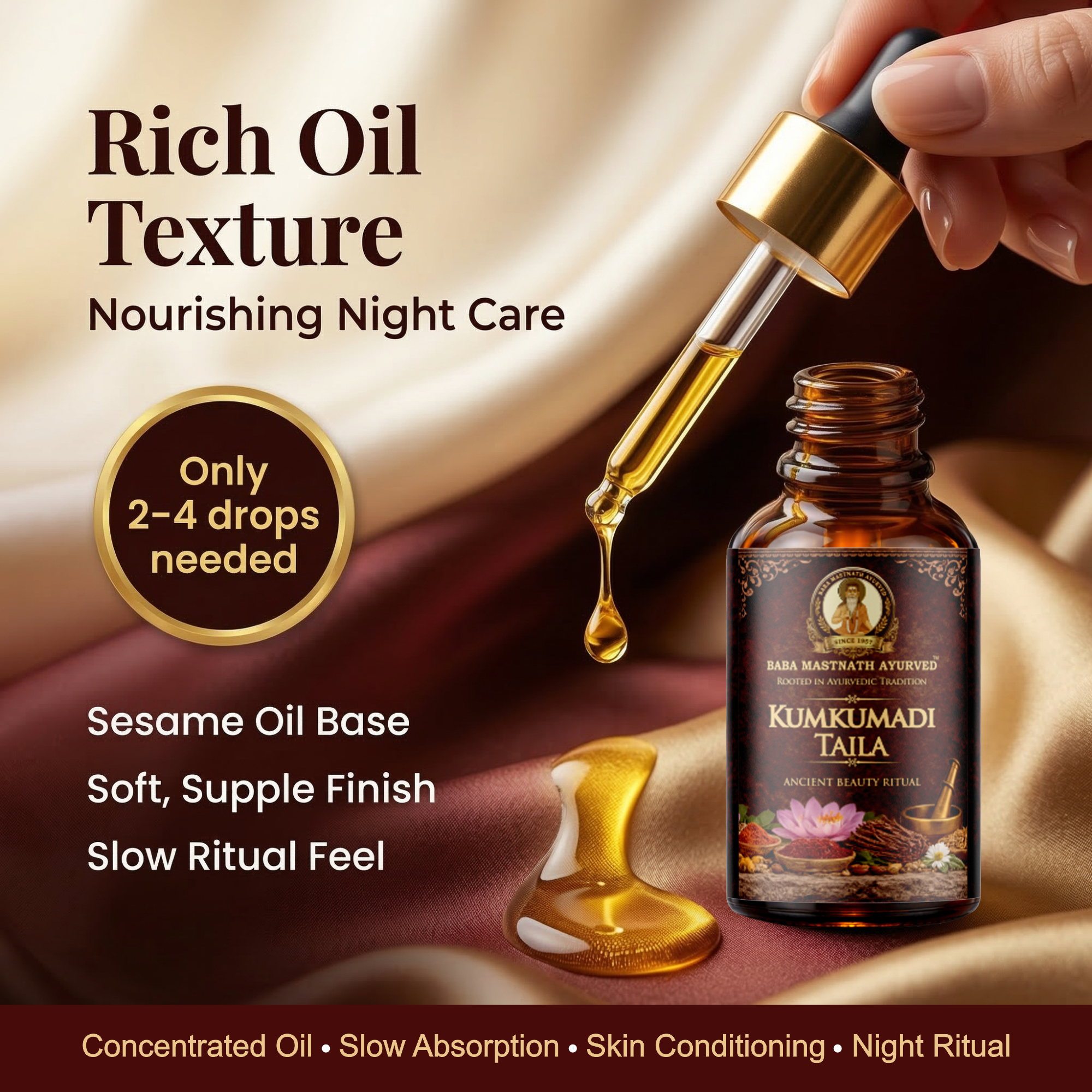 Kumkumadi Taila – 10 ml | Classical Ayurvedic Facial Oil with Kashmiri Saffron & Sandalwood | Night Glow & Radiance Oil for Even-Looking Tone, Firmness & Texture | For External Use Only