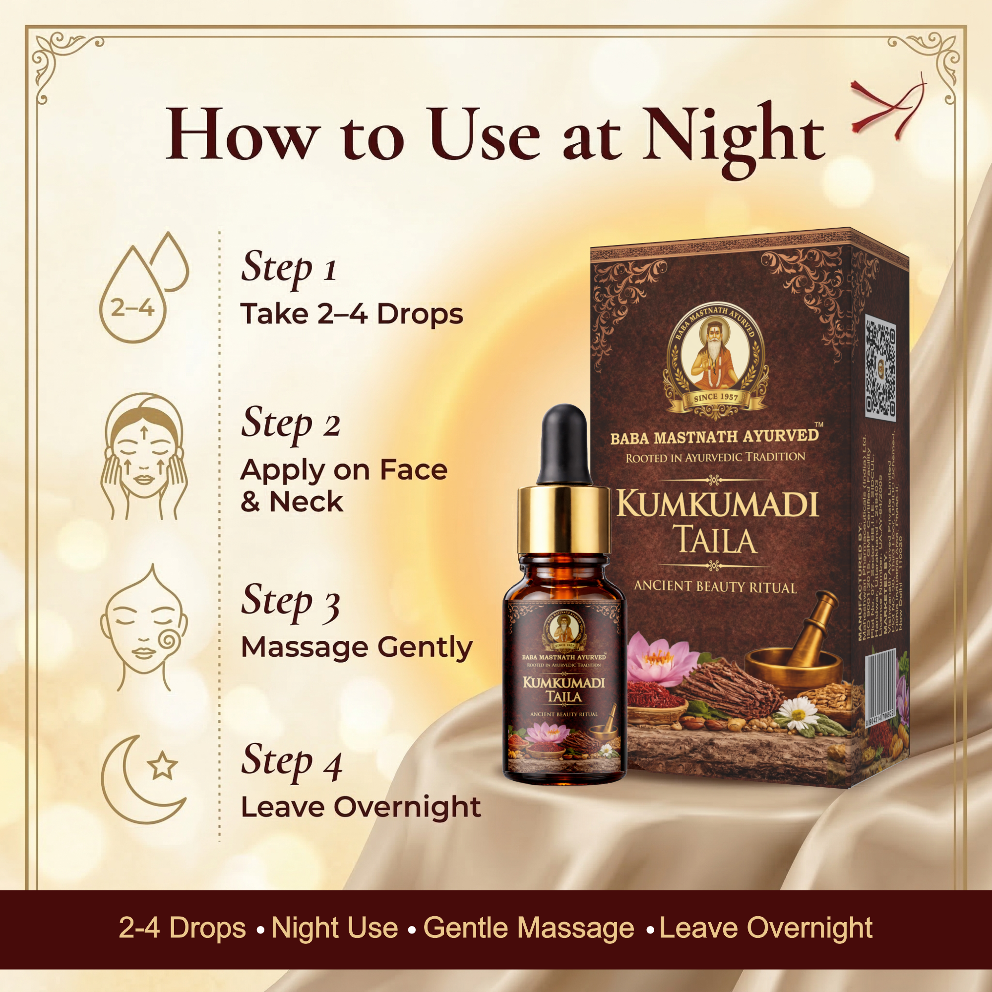 Kumkumadi Taila – 10 ml | Classical Ayurvedic Facial Oil with Kashmiri Saffron & Sandalwood | Night Glow & Radiance Oil for Even-Looking Tone, Firmness & Texture | For External Use Only