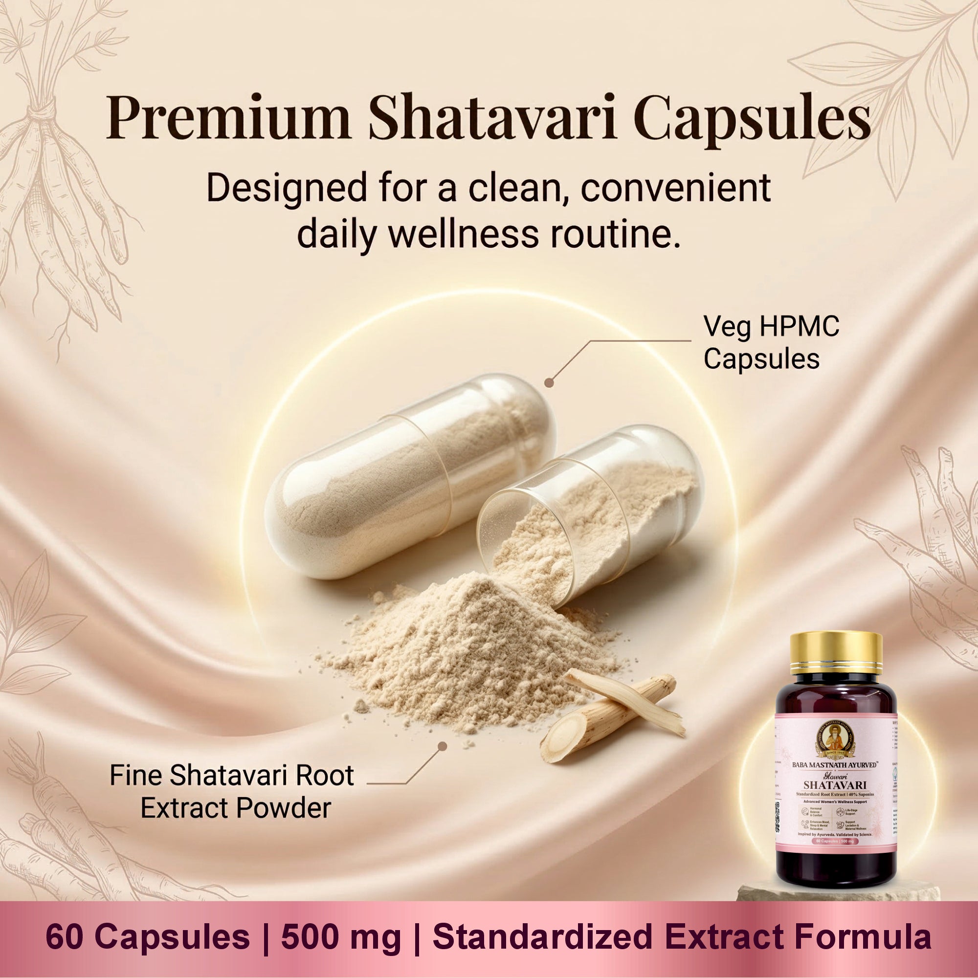 Glowari Shatavari Capsules for Women | 500 mg Root Extract with 40% Saponins | Supports PMS, Hormonal Balance, Menopause & Postpartum Recovery | Ayurvedic Medicine | 60 Veg Capsules