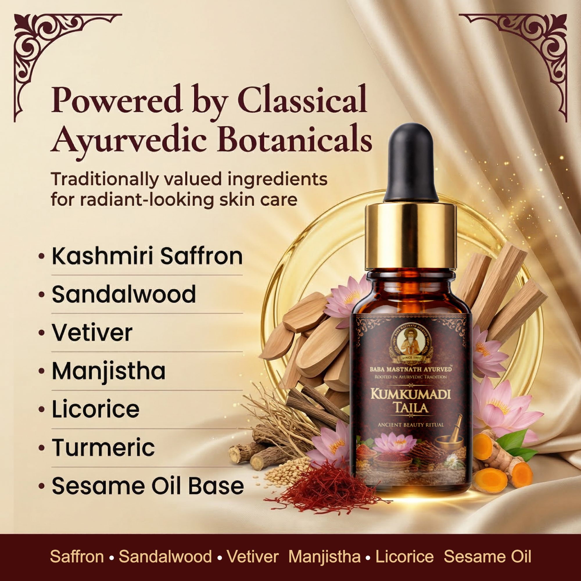 Kumkumadi Taila – 10 ml | Classical Ayurvedic Facial Oil with Kashmiri Saffron & Sandalwood | Night Glow & Radiance Oil for Even-Looking Tone, Firmness & Texture | For External Use Only