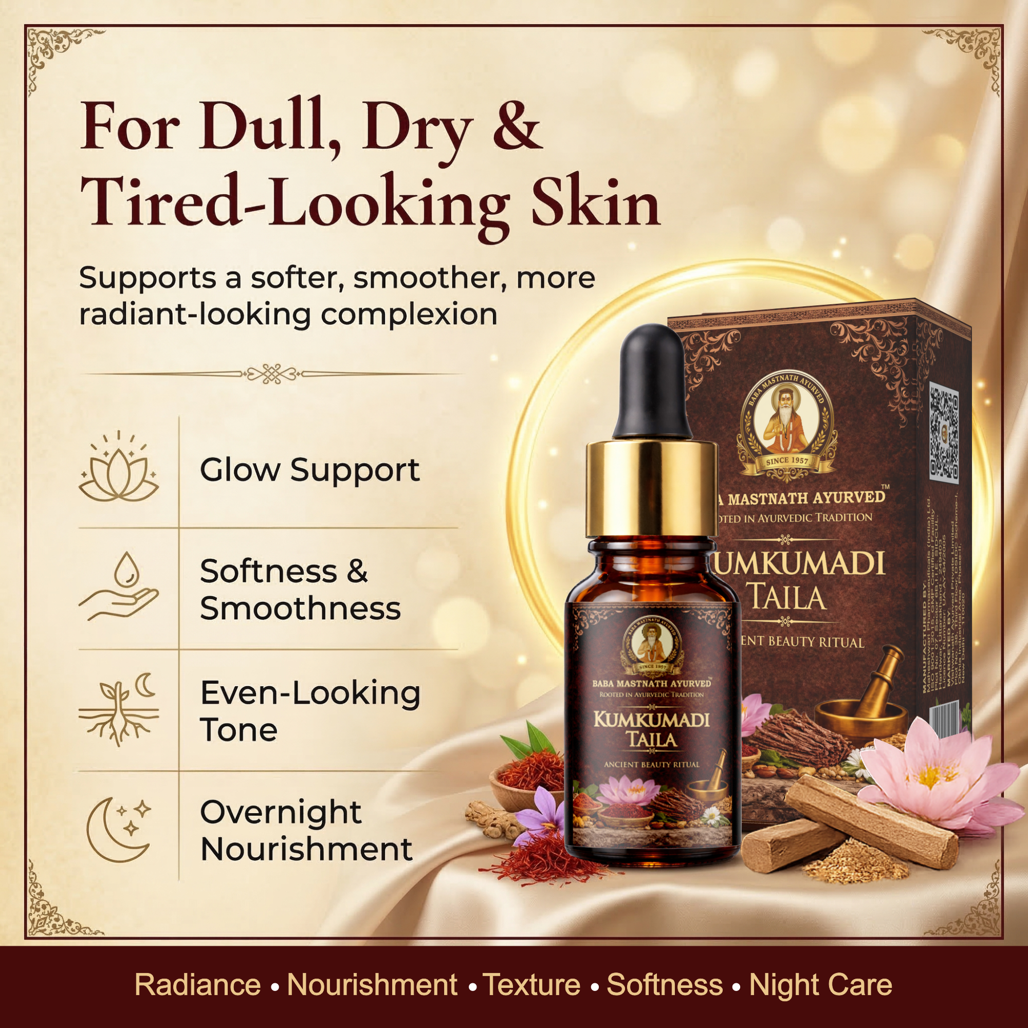 Kumkumadi Taila – 10 ml | Classical Ayurvedic Facial Oil with Kashmiri Saffron & Sandalwood | Night Glow & Radiance Oil for Even-Looking Tone, Firmness & Texture | For External Use Only