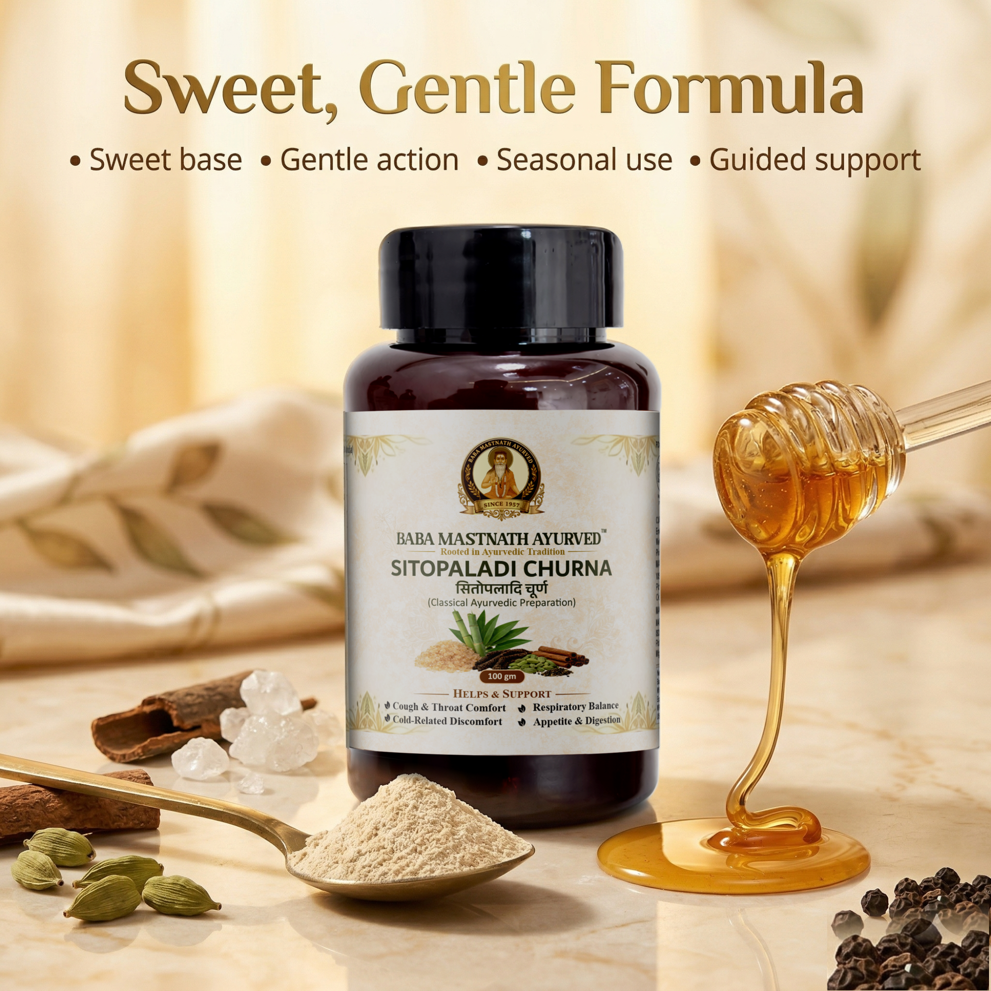 Sitopaladi Churna – 100 g | Classical Ayurvedic Medicine | Cough & Throat Comfort Support | Respiratory Balance for Cold-Related Discomfort | Supports Appetite & Digestion | Herbal Powder with Pippali, Ela & Tvak