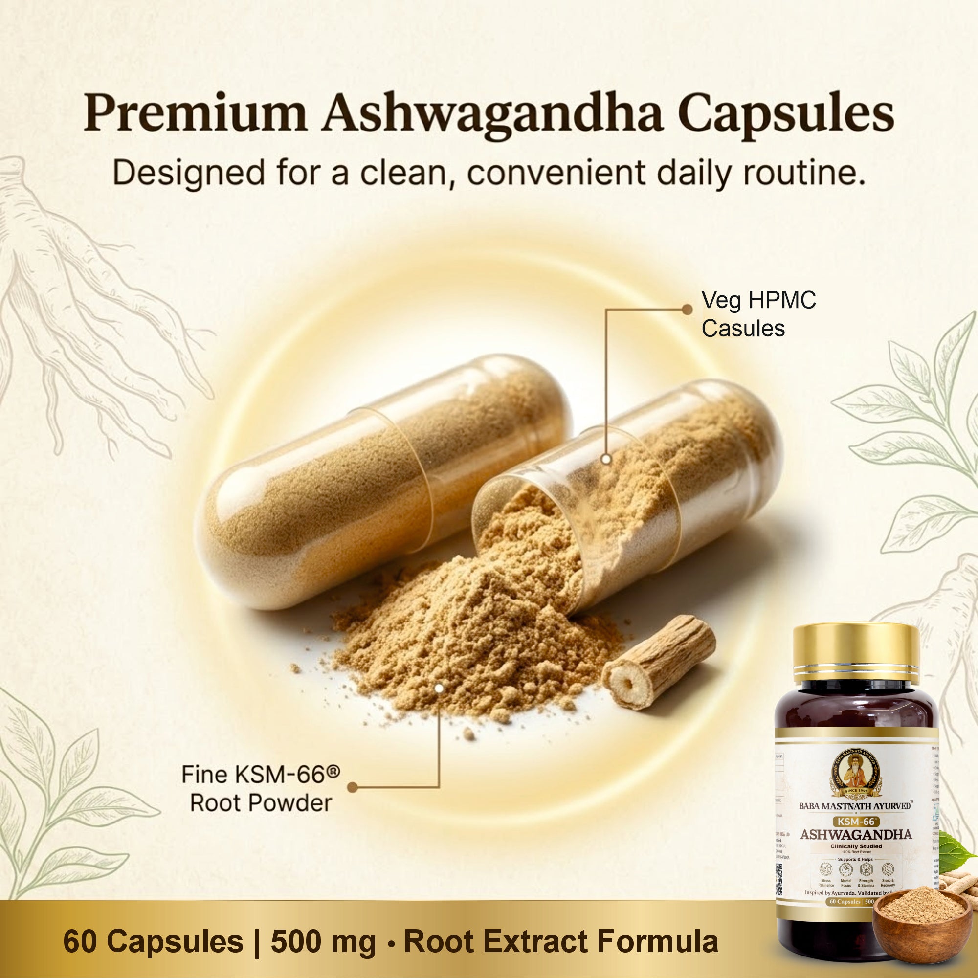 KSM-66® Ashwagandha – 500 mg Capsules | 60 Capsules | Clinically Studied Root-Only Extract | Supports Stress Relief, Energy, Focus & Cortisol Balance | Vegan | Classical Ayurvedic Medicine