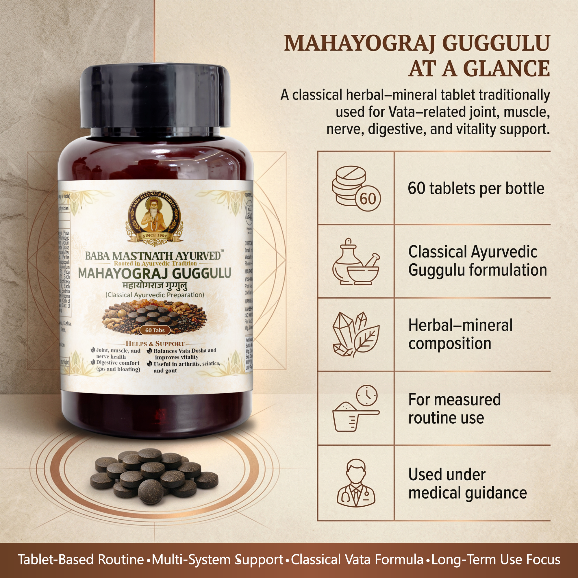 Mahayograj Guggulu – 60 Tablets | Classical Ayurvedic Medicine | Joint, Muscle & Nerve Support | Supports Vata Balance, Arthritis, Sciatica & Gout (Vatarakta) | Digestive Gas & Bloating Relief | Respiratory & Male Wellness Support