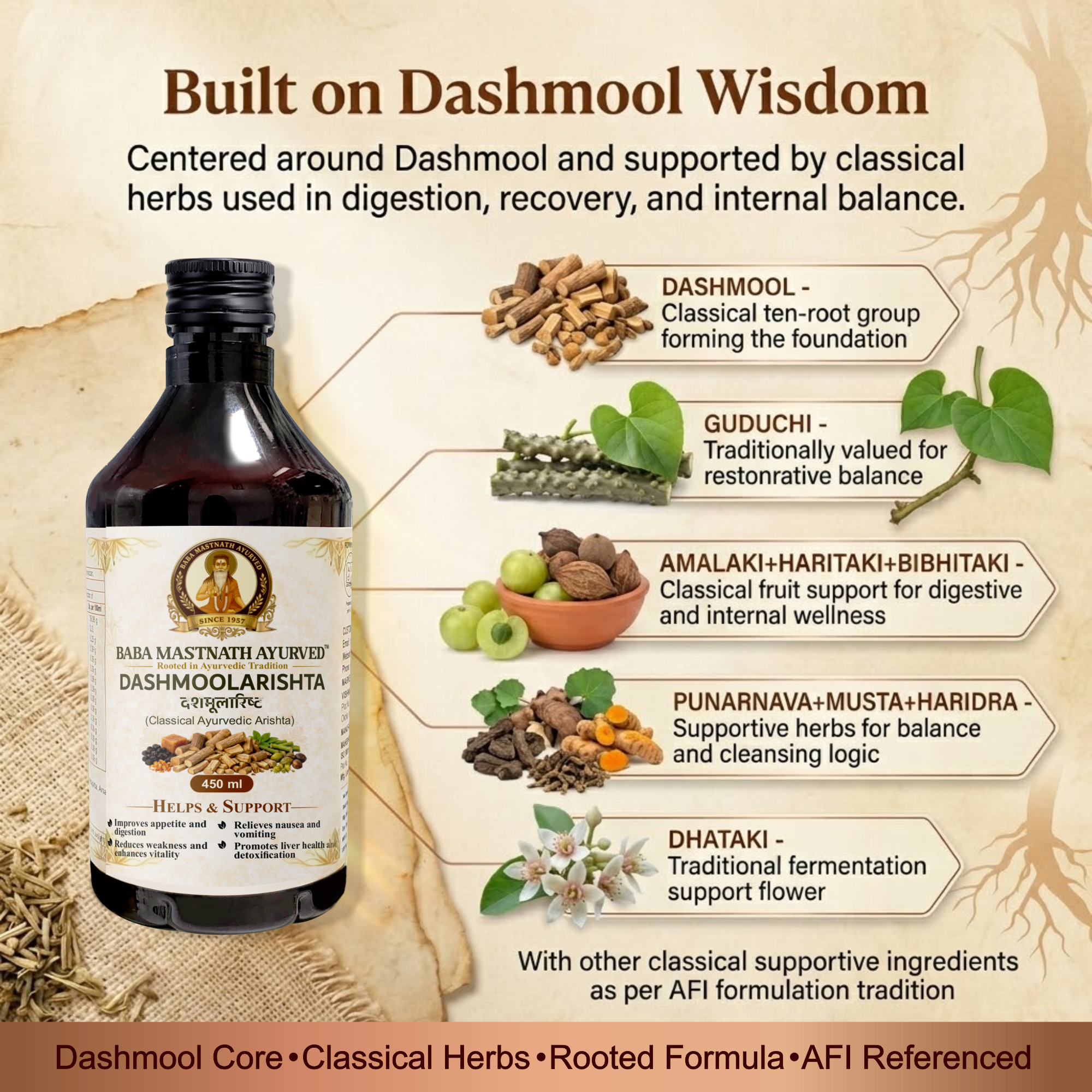 Dashmoolarishta – 450 ml | Classical Ayurvedic Arishta | Dashmool Fermented Tonic for Appetite & Digestion | Supports Nausea, Vomiting, Vitality & Weakness | Liver Wellness Support | Ayurvedic Medicine