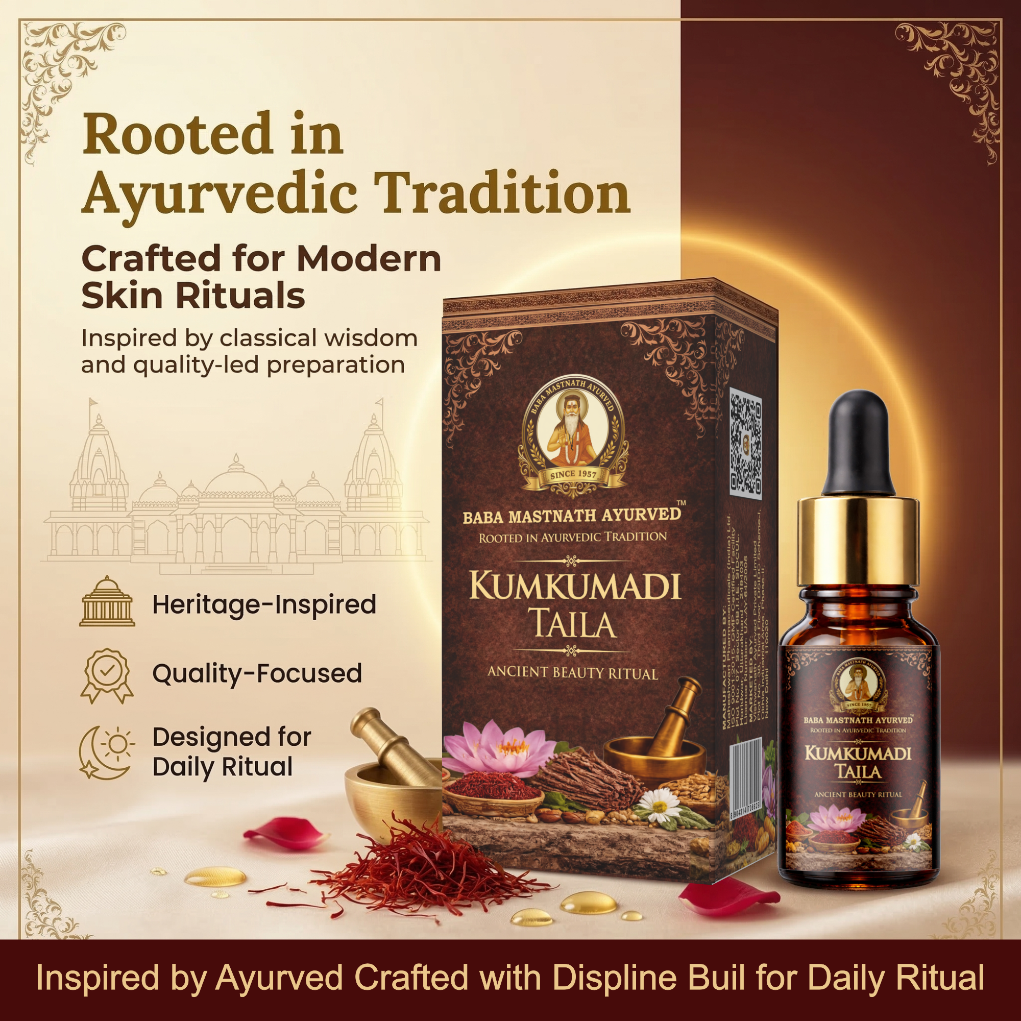 Kumkumadi Taila – 10 ml | Classical Ayurvedic Facial Oil with Kashmiri Saffron & Sandalwood | Night Glow & Radiance Oil for Even-Looking Tone, Firmness & Texture | For External Use Only
