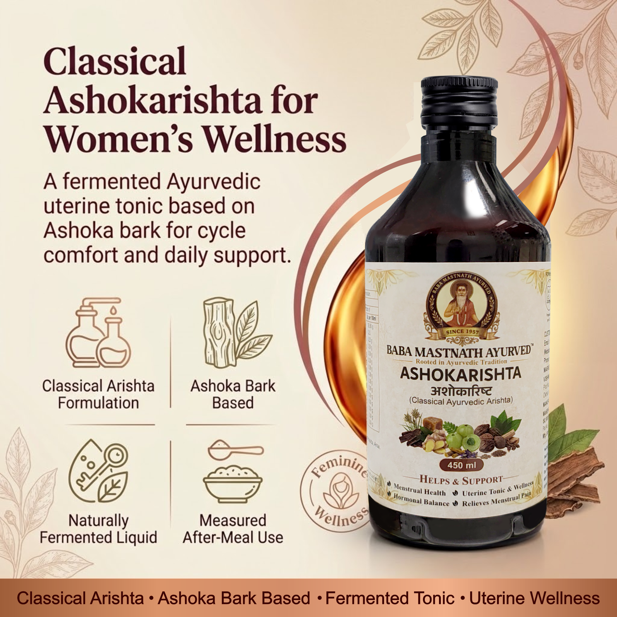 Ashokarishta – 450 ml | Classical Ayurvedic Arishta | Ashoka Bark Based Fermented Uterine Tonic | Supports Menstrual Health, Hormonal Balance & Period Comfort | Women’s Wellness Support | Ayurvedic Medicine