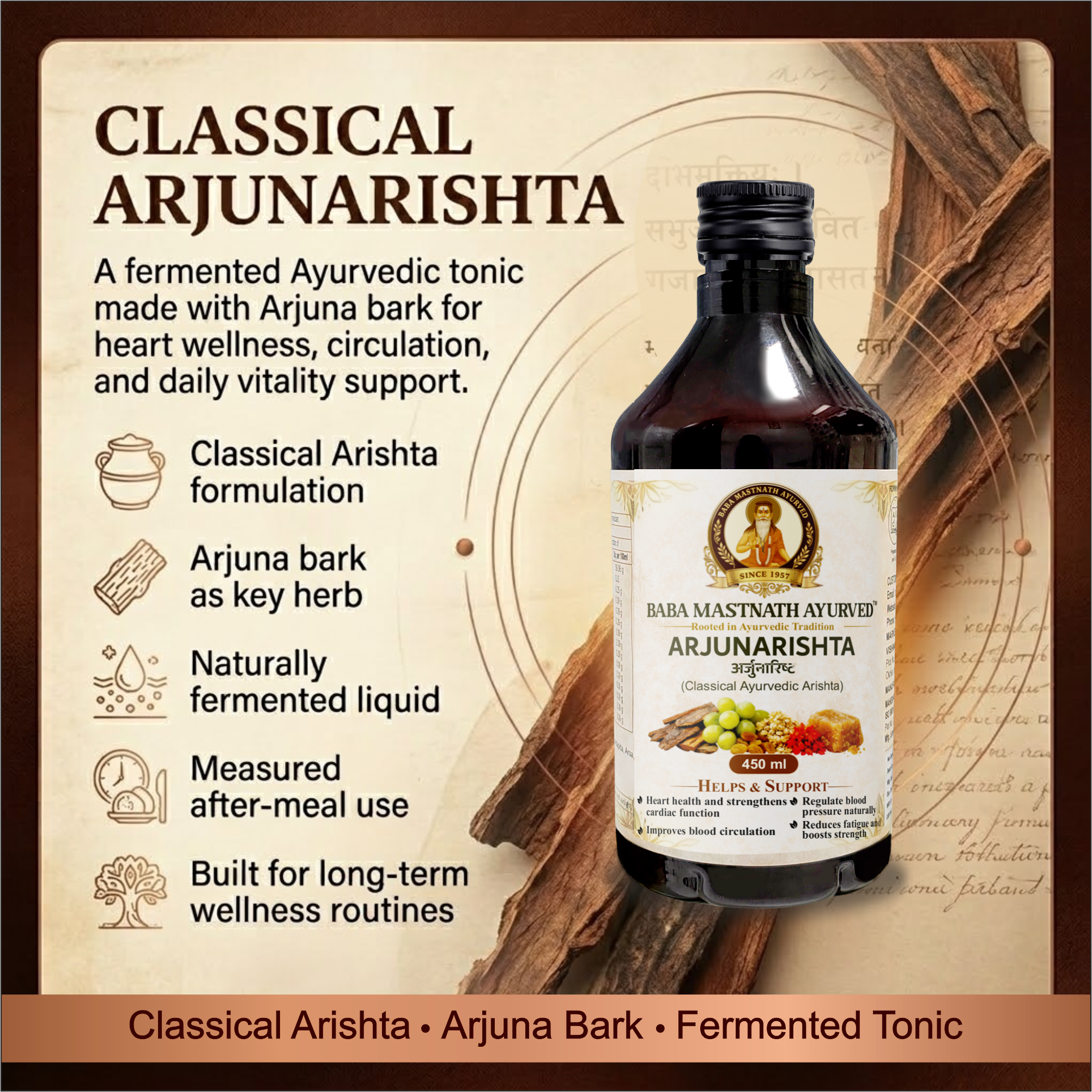 Arjunarishta – 450 ml | Classical Ayurvedic Arishta | Arjuna Bark Based Fermented Tonic | Supports Heart Health, Blood Circulation, Strength & Fatigue Support | Blood Pressure Support | Ayurvedic Medicine