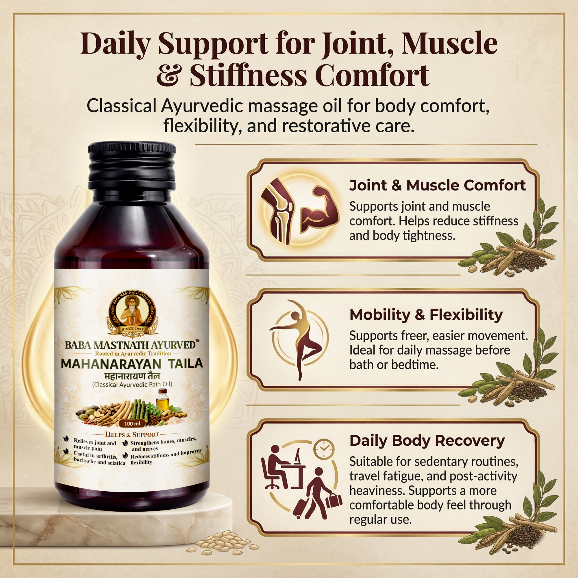 Mahanarayan Taila – 100 ml | Classical Ayurvedic Pain Relief Massage Oil | Supports Joint & Muscle Pain, Stiffness & Flexibility | Arthritis, Backache & Sciatica Support | Strengthens Bones, Muscles & Nerves | Ayurvedic Medicine