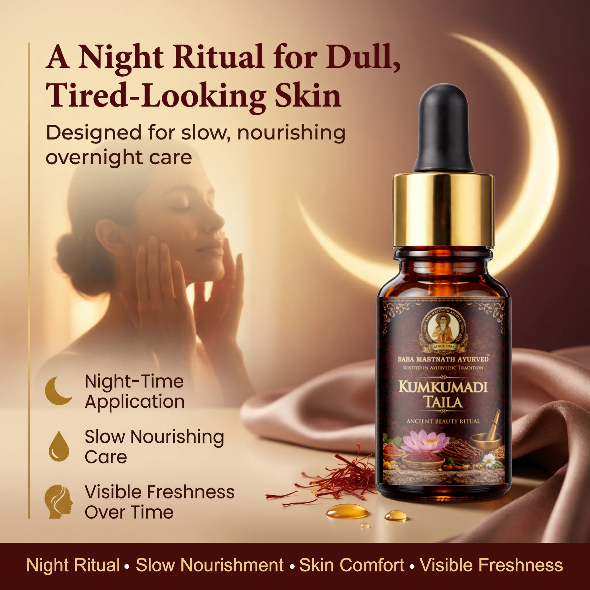 Kumkumadi Taila – 10 ml | Classical Ayurvedic Facial Oil with Kashmiri Saffron & Sandalwood | Night Glow & Radiance Oil for Even-Looking Tone, Firmness & Texture | For External Use Only