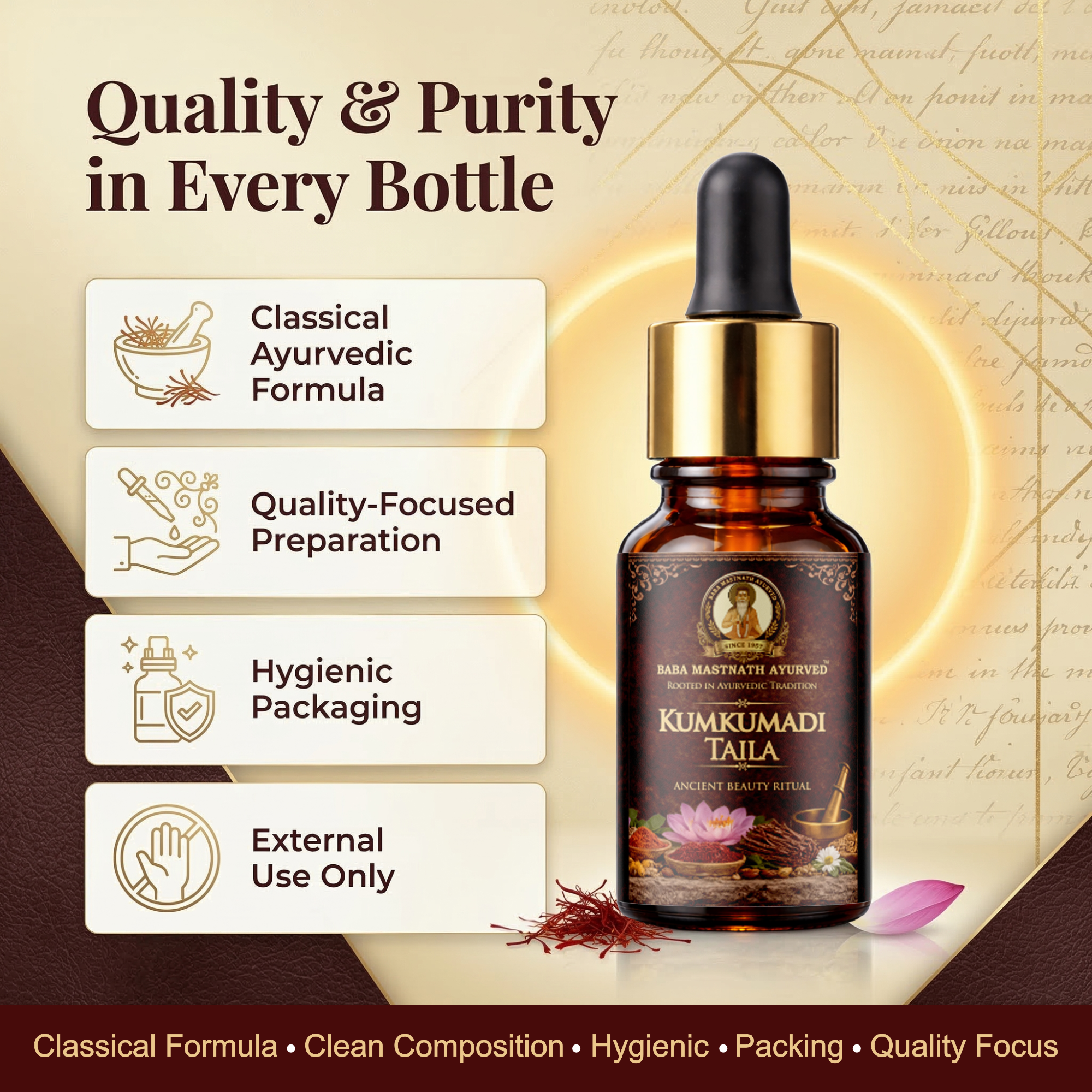 Kumkumadi Taila – 10 ml | Classical Ayurvedic Facial Oil with Kashmiri Saffron & Sandalwood | Night Glow & Radiance Oil for Even-Looking Tone, Firmness & Texture | For External Use Only