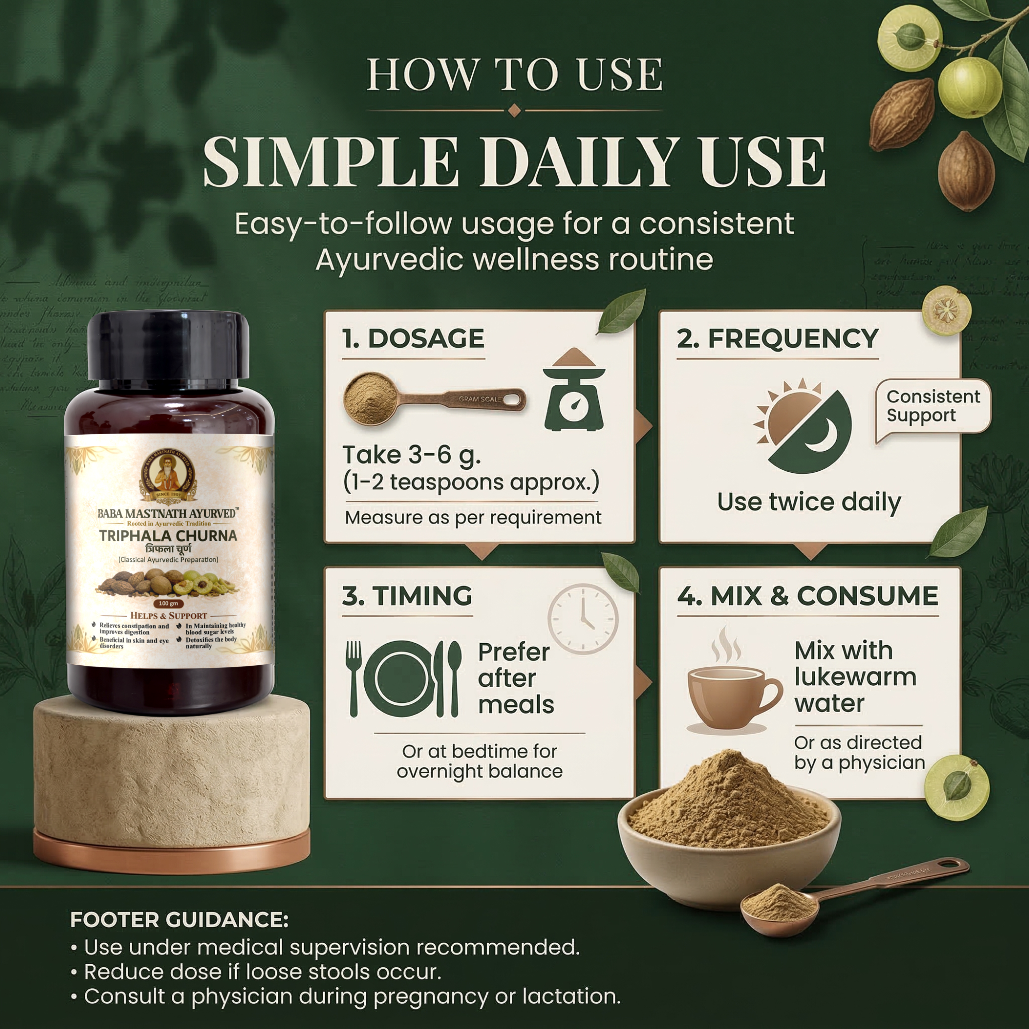 Triphala Churna – 100 g | Classical Ayurvedic Medicine | Haritaki, Bibhitaki & Amalaki Powder | Constipation Relief & Digestive Support | Natural Detox & Gut Cleanse | Supports Skin, Eyes & Metabolic Balance