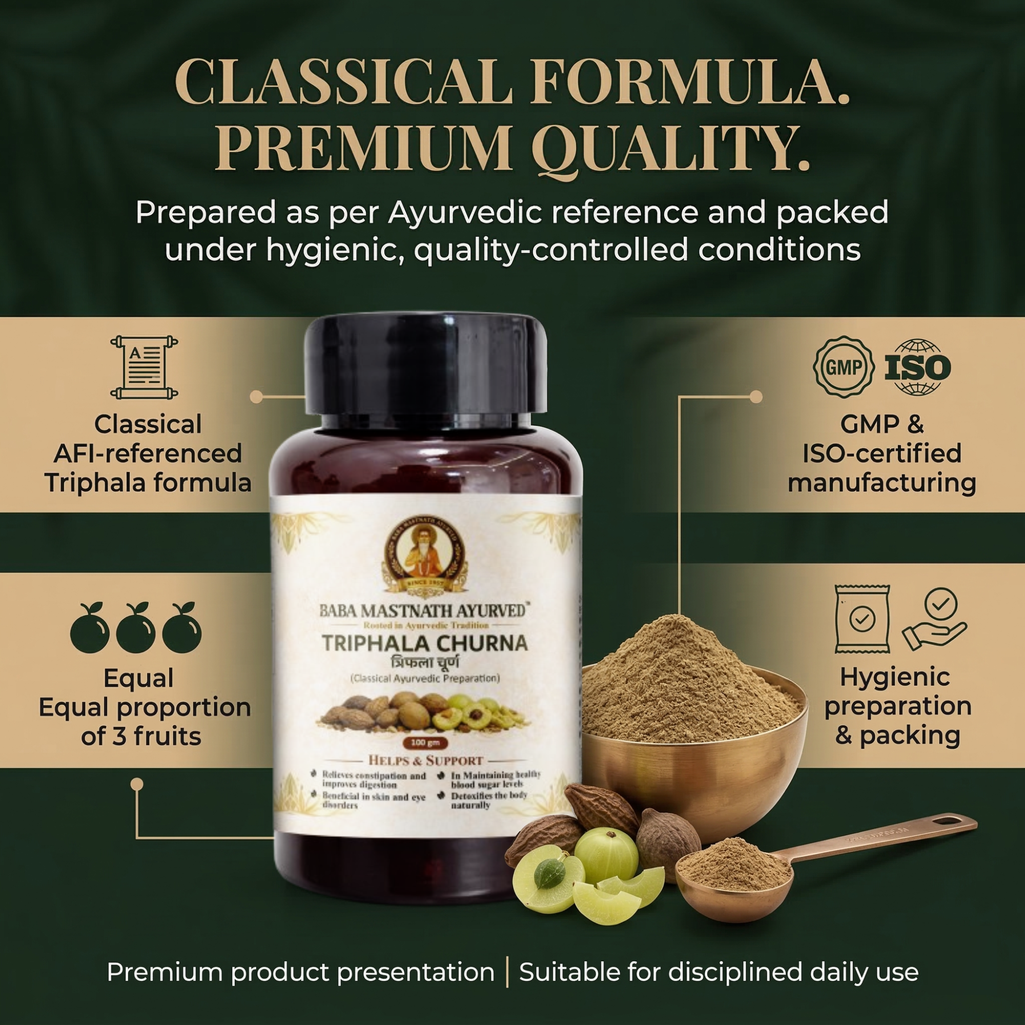 Triphala Churna – 100 g | Classical Ayurvedic Medicine | Haritaki, Bibhitaki & Amalaki Powder | Constipation Relief & Digestive Support | Natural Detox & Gut Cleanse | Supports Skin, Eyes & Metabolic Balance