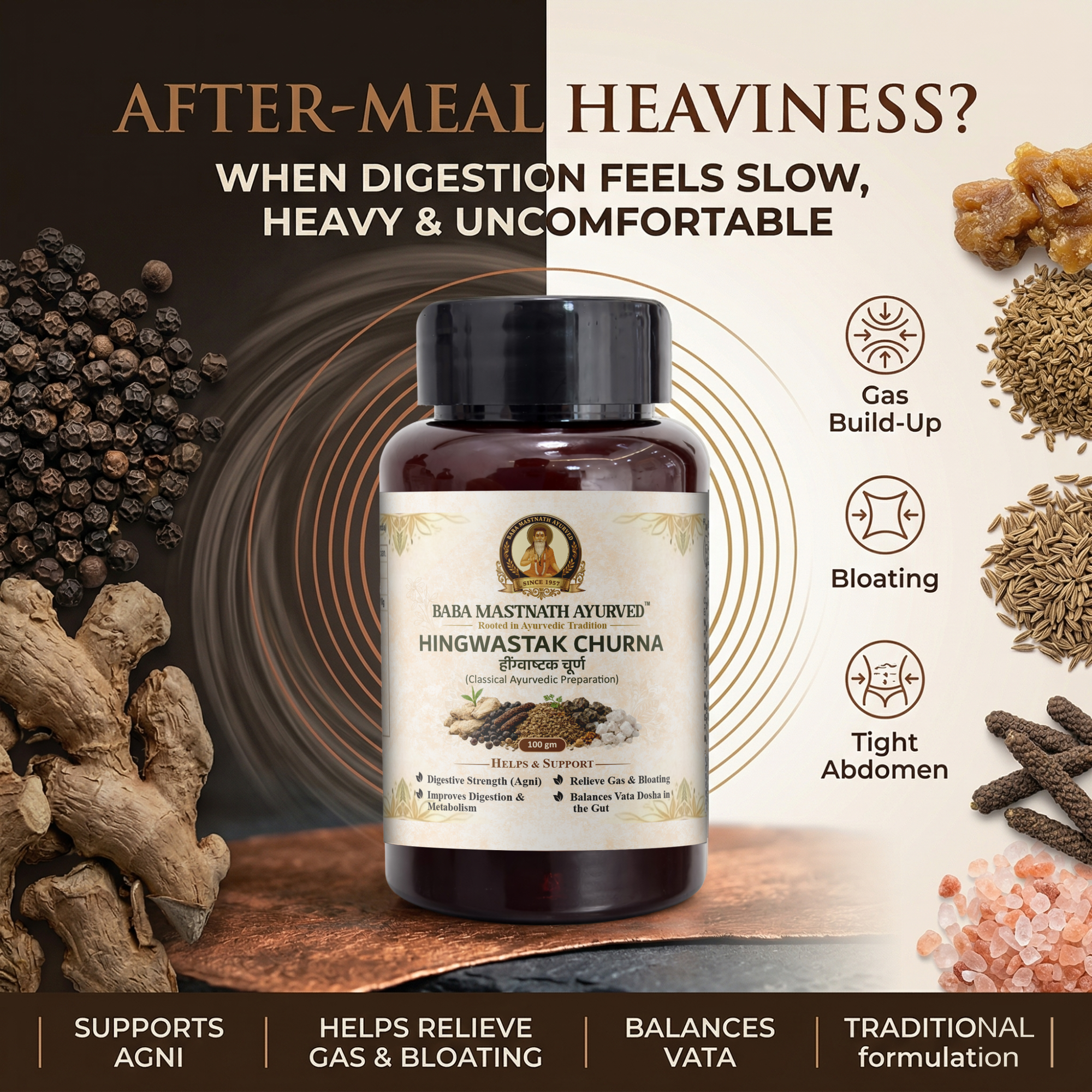 Hingwastak Churna – 100 g | Classical Ayurvedic Digestive Powder | Supports Agni, Digestion & Metabolism | Helps Gas, Bloating & Abdominal Discomfort | Vata Balance for Gut | Ayurvedic Medicine